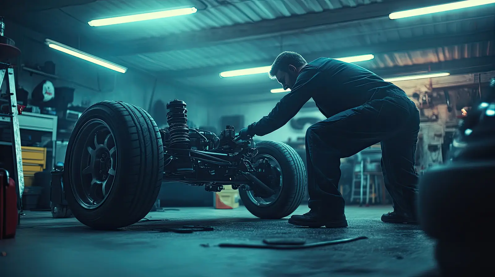 Man Working Car Garage With Car Tire Floor at Peninsular Motors, Crestmead